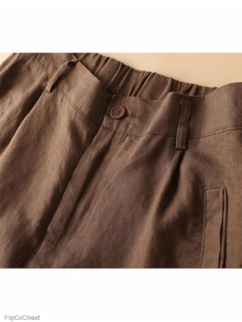 High Waisted Pleated Wide Leg Bermuda Shorts with Pockets Cotton Linen Blend - Picture 3 of 3